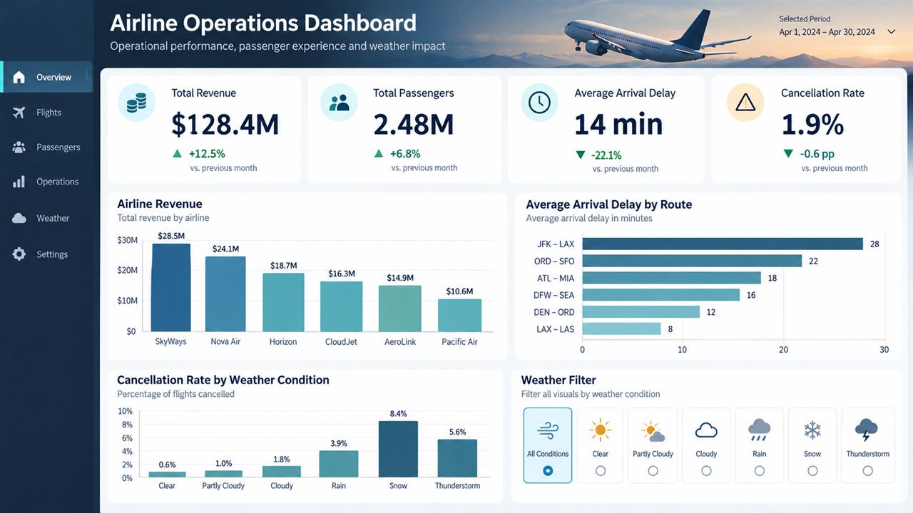 Illustrative airline operations dashboard with KPI cards, revenue and delay charts, cancellation chart, and weather filter.