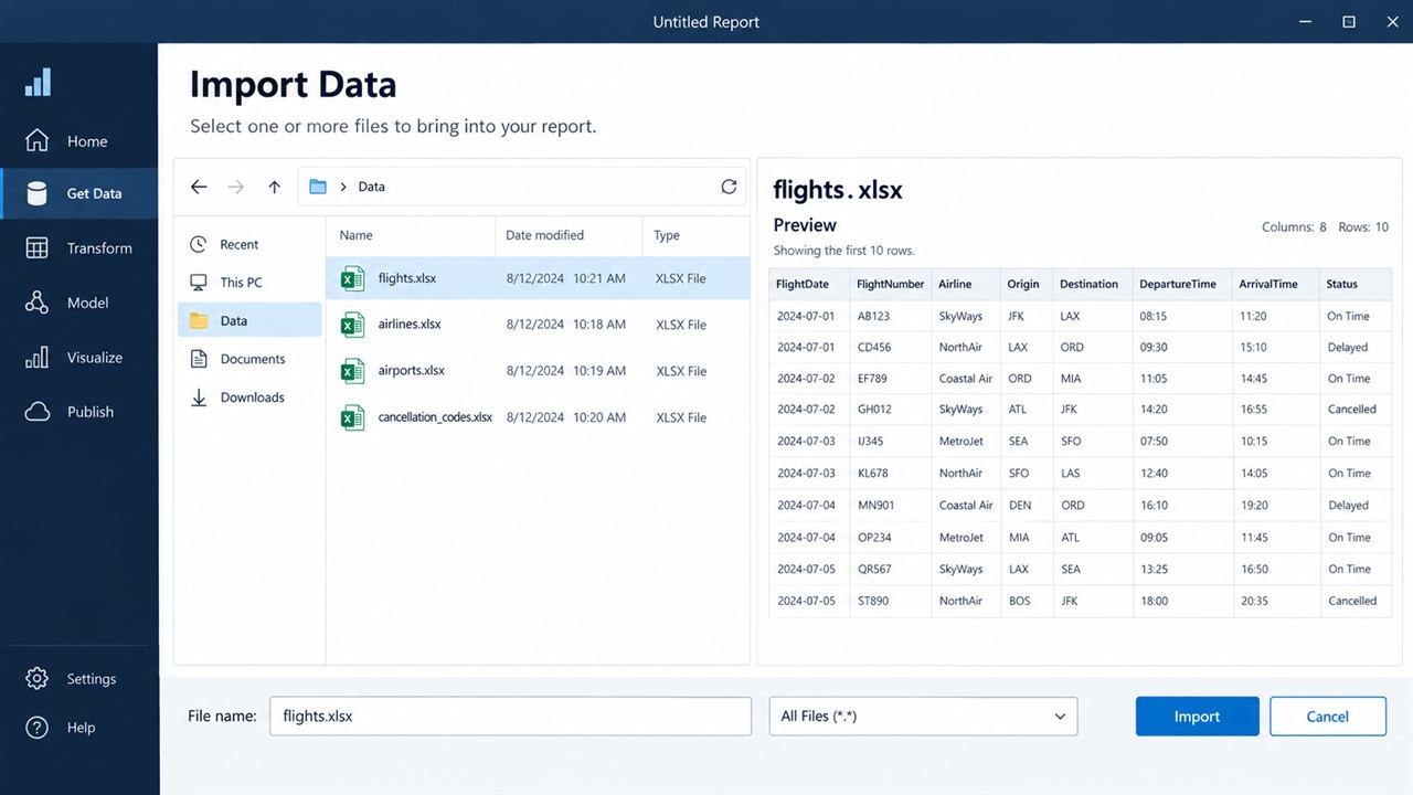 Illustrative business-intelligence import screen showing the four airline practice files and a preview of flights.xlsx.