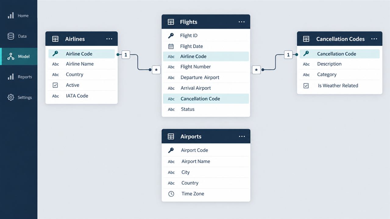 Illustrative model view showing Flights related to Airlines and Cancellation Codes with many-to-one markers.